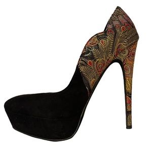2 Lips Too Black Suede Paisley Back Print Pumps